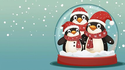 Naklejka premium Christmas in snow globe Penguin family in snow globe, holiday scarves and hats, flat design illustration