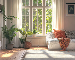 serene living room featuring cozy sofa adorned with orange cushions and textured throw. Sunlight streams through large windows, illuminating lush green plants and creating warm, inviting atmosphere