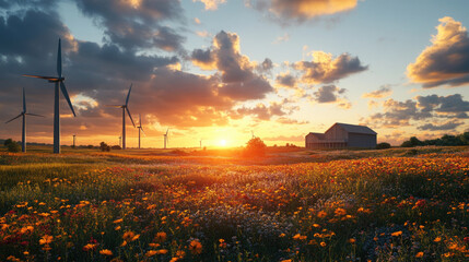 Houses on the grassland and wind turbines in the distance