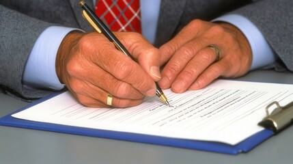 Business professional signs important document with careful attention to detail