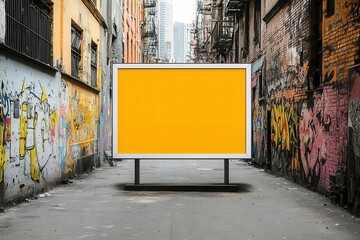 Naklejka premium Urban alley with a large yellow billboard against a backdrop of graffiti.