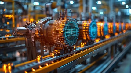 Naklejka premium Advanced machinery in a modern industrial manufacturing setting with glowing lights