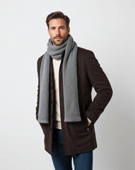  a man wearing a scarf and winter coat on plain white background