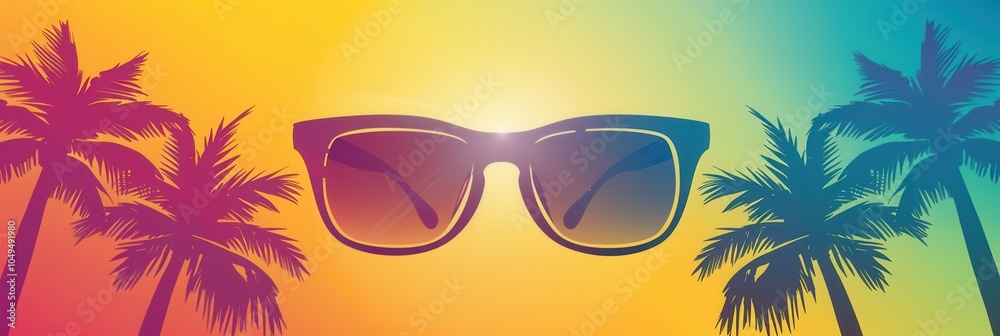 Poster the silhouette of sunglasses stands out against a colorful beach backdrop, surrounded by palm trees 