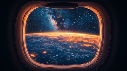 Fototapeta premium Airplane flying at night. View of outer space and earth seen from the airplane window