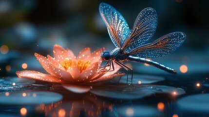 Obraz premium Dragonfly perched on a glowing lotus flower in a tranquil setting