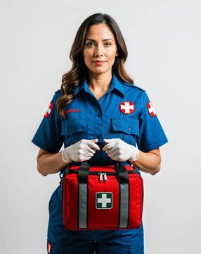  a woman paramedic with an emergency kit on plain white background