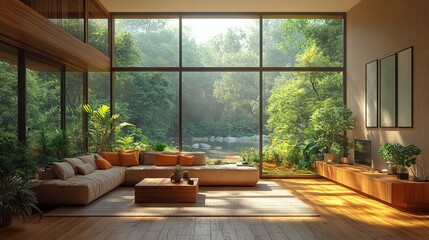 Fototapeta premium living room Lofty house, wooden floor and large windows in the countryside with nature view