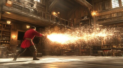 A mage casts a powerful spell in a mystical library filled with ancient knowledge and magic