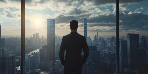 Fototapeta premium A business professional watches a beautiful sunset over a vibrant city skyline from their office window