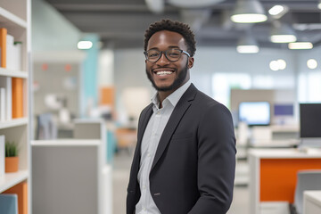 Retrato de homens jovens em ambiente de escritório moderno, sorrindo e usando trajes formais, criado por IA generativa.