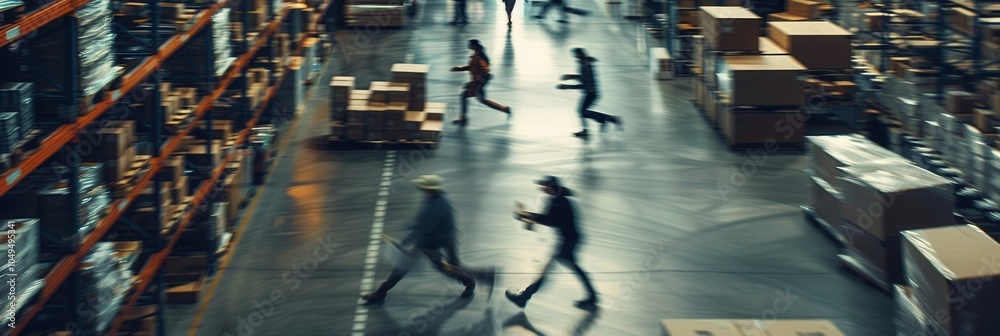 Poster several workers are actively moving boxes and pallets through a bustling warehouse filled with stock