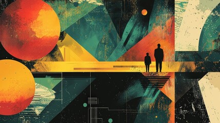 Surreal art depicting figures on abstract background