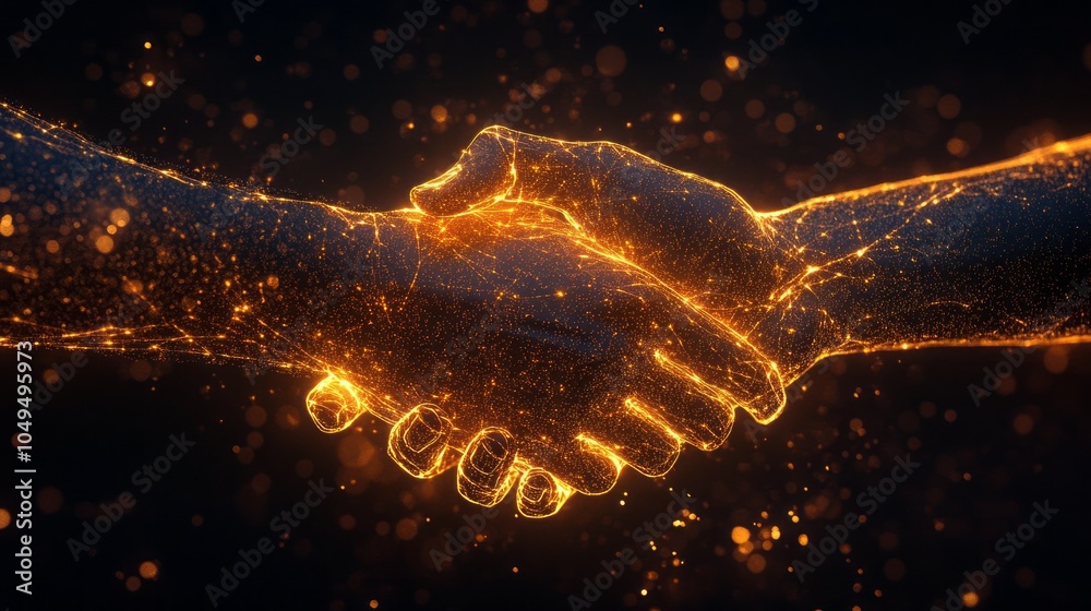 Poster a hand shaking another hand in a dark background with a lot of sparkles