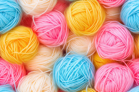 Fios e l&atilde;s coloridas em texturas e tons pastel, organizados em rolos e novelos, material para tric&ocirc; e artesanato, criado por IA generativa.