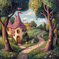 Fototapeta premium Whimsical fairy tale cottage in vibrant nature
