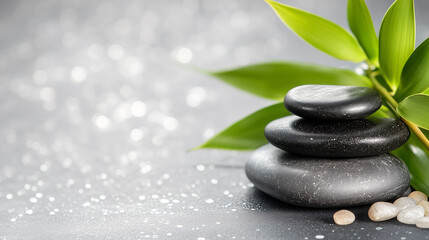 Obraz premium Smooth basalt stones are stacked with bamboo leaves, creating a serene atmosphere ideal for meditation or relaxation