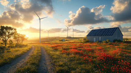 Houses on the grassland and wind turbines in the distance