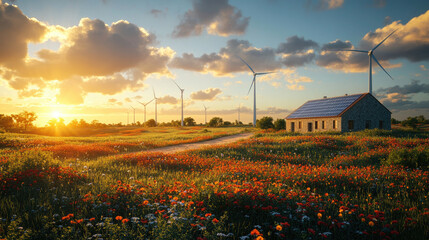 Houses on the grassland and wind turbines in the distance