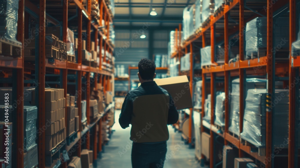 Poster multiple workers transport boxes and pallets in a well-organized warehouse with shelves loaded with 