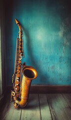 Naklejka premium An aged gold saxophone rests against a distressed blue wall.