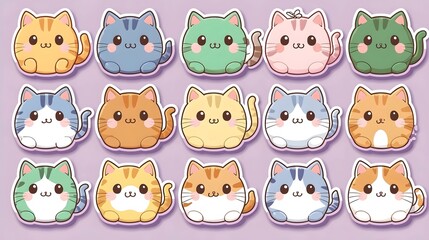 A vibrant collection of twenty adorable cartoon cats in various colors and patterns, showcasing their cute and playful expressions against a soft lavender background.
