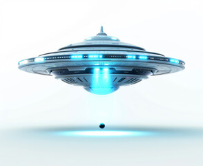 An alien flying saucer shines its lights down on an object floating in the air, white background.