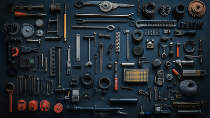 Assorted car parts and equipment arranged on a dark background