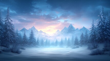 Fototapeta premium Serene winter landscape a tranquil scene of snow-capped peaks and frosty pines under a twilight sky
