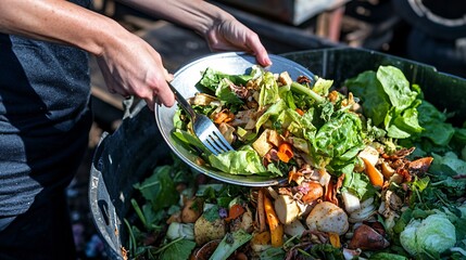 2410 3.A detailed shot of a woman holding a plate of half-eaten food, using a fork to toss scraps into a kitchen compost bin filled with rotting vegetables, highlighting the process of reducing food