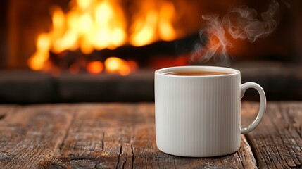 Obraz premium Warm cup of tea or coffee by a cozy fireplace creating a perfect winter atmosphere for relaxation and comfort