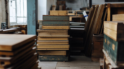 Obraz premium Stacked pine wood planks in factory environment, organizing wood materials