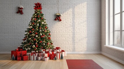 Christmas tree and gifts flat design front view North Pole theme 3D render 