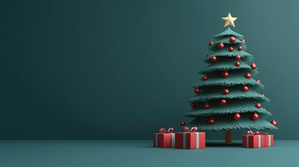 Christmas tree and gifts flat design front view North Pole theme 3D render 