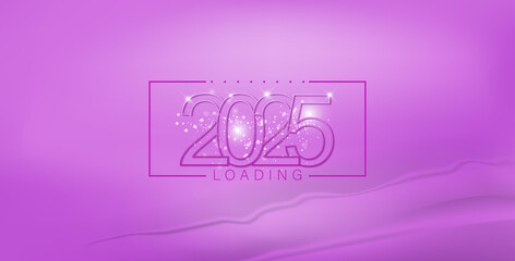 A vibrant purple background featuring a festive design celebrating the New Year 2025 with joyful elements