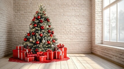 Christmas tree and gifts flat design front view North Pole theme 3D render 