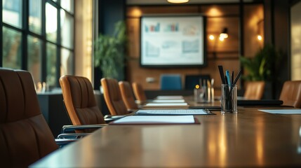 Modern Boardroom Ready for Meeting:  A sleek, modern boardroom with a long wooden table, leather chairs, and a presentation screen awaits the start of an important meeting.