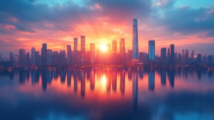 Fototapeta premium Cityscape with Sunset Reflection in Water
