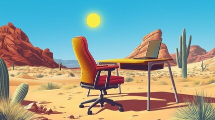 Desert Office: A solitary desk and chair sit in the middle of a vast desert landscape, a laptop open, ready for work. The sun shines brightly overhead, casting long shadows on the sand.  
