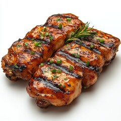 Two pieces of grilled chicken with herbs on top. Generative AI