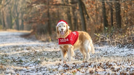 Playful Pet Wearing Santa Hat and "2024" Sweater frolicking in Winter Wonderland - Joyful Festive Stock Image