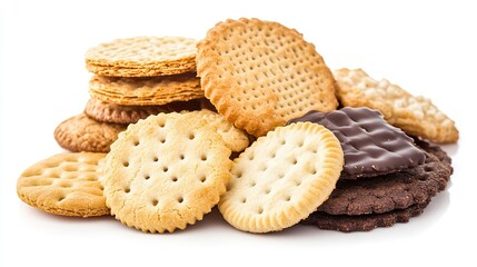 A collection of assorted cookies and crackers, packed together, isolated on a clear background