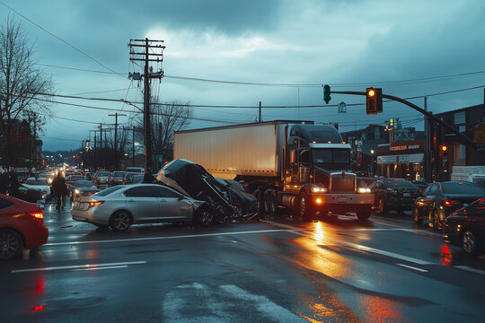 Car accident involving a big rig semi truck with a semi trailer at a city street intersection with traffic lights and rescue services