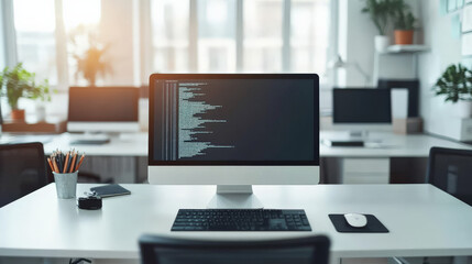 Modern Workspace: A sleek modern workspace with a computer displaying code, highlighting the focus on technology and innovation in a contemporary office setting.  