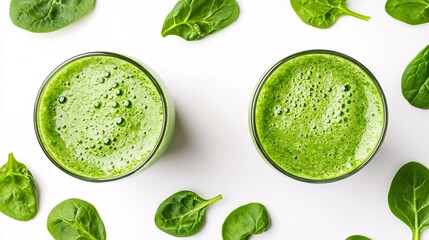 Obraz premium 2410 26.A top-down view of two glasses filled with vibrant green vegetable smoothies, surrounded by fresh spinach leaves, all set against a white background, creating a clean and refreshing image