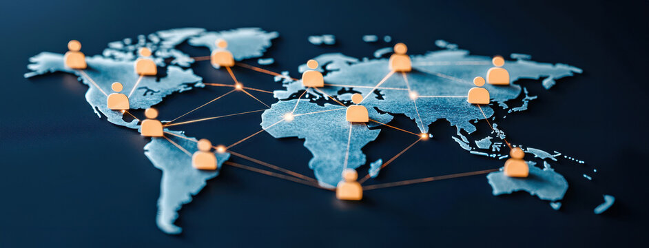Global Network Connections on World Map with People Icons
