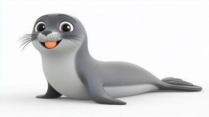 Fototapeta premium Cute Cartoon Seal Pup Smiling Isolated on White Background