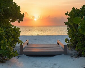 A wooden walkway leads to the beach at sunset. AI.