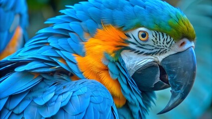 Obraz premium Blue and Orange Macaw Parrot Feather Texture Background – Beautiful Nature Closeup