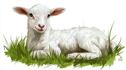 Obraz premium Cute Lamb Lying in Green Grass Farm Animal Photography